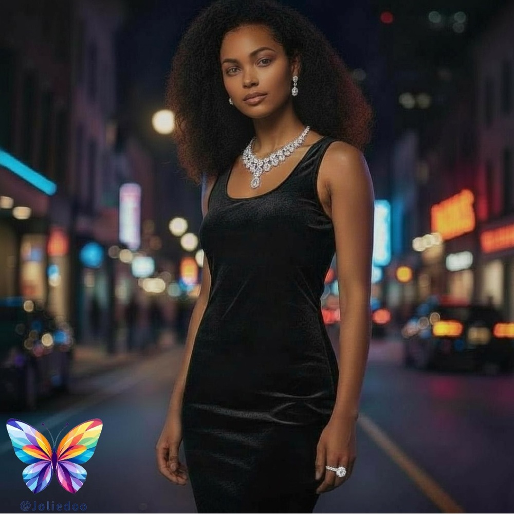 Elegant Black Velvet Sleeveless Dress open both sides at legs PTP 18-19” ~large